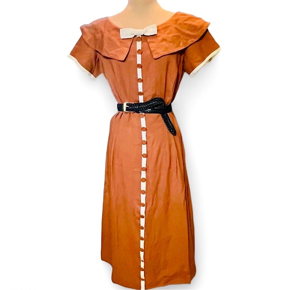 1940s Two Tone Linen Dress, Handmade A-Line, Orange, Cream, Vtg Academia, Sm - Picture 1 of 14
